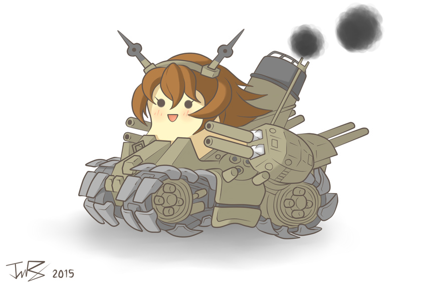 2015 :d black_eyes brown_hair cannon caterpillar_tracks commentary_request female headgear kantai_collection metal_slug military military_vehicle mutsu_(kancolle) mutsu_(snail) no_pupils open_mouth parody pun seinz0 short_hair signature simple_background smile smoke snk sv001_(metal_slug) white_background