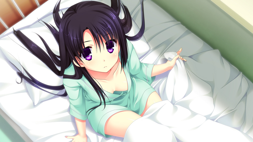 bed bed_sheet blush breasts chuablesoft female game_cg highres kunai_uri legs long_hair looking_at_viewer medium_breasts no_bra noblesse_of_rouge oohinata_rui pajamas pillow purple_eyes purple_hair sheet_grab sitting solo sunlight thighs