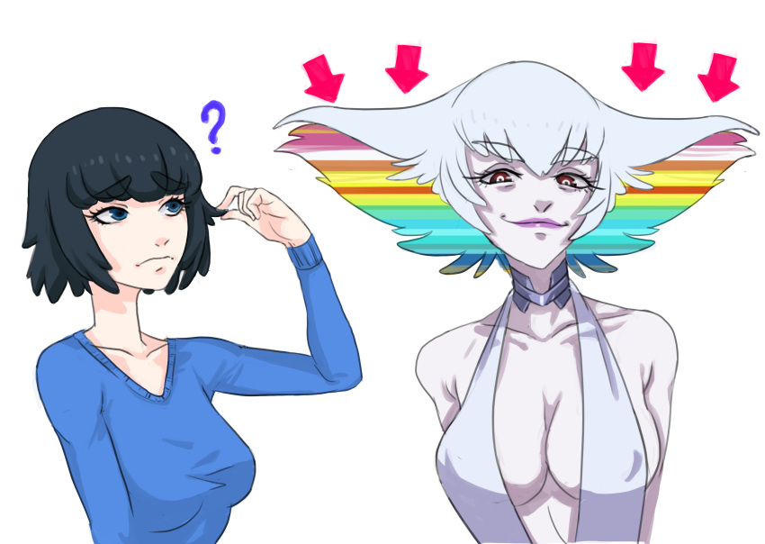 2girls ? absurdres alternate_costume alternate_hairstyle arrow_(symbol) bare_shoulders black_hair blue_eyes blue_sweater bob_cut breasts cleavage closed_mouth collarbone comparison confused covered_nipples dress frown hand_in_own_hair hand_up highres hime_cut kill_la_kill kiryuuin_ragyou kiryuuin_satsuki large_breasts lipstick long_sleeves makeup mother_and_daughter multicolored_hair multiple_girls rainbow_hair short_hair simple_background smile smug sweater thick_eyebrows upper_body urustam v-neck white_background white_dress