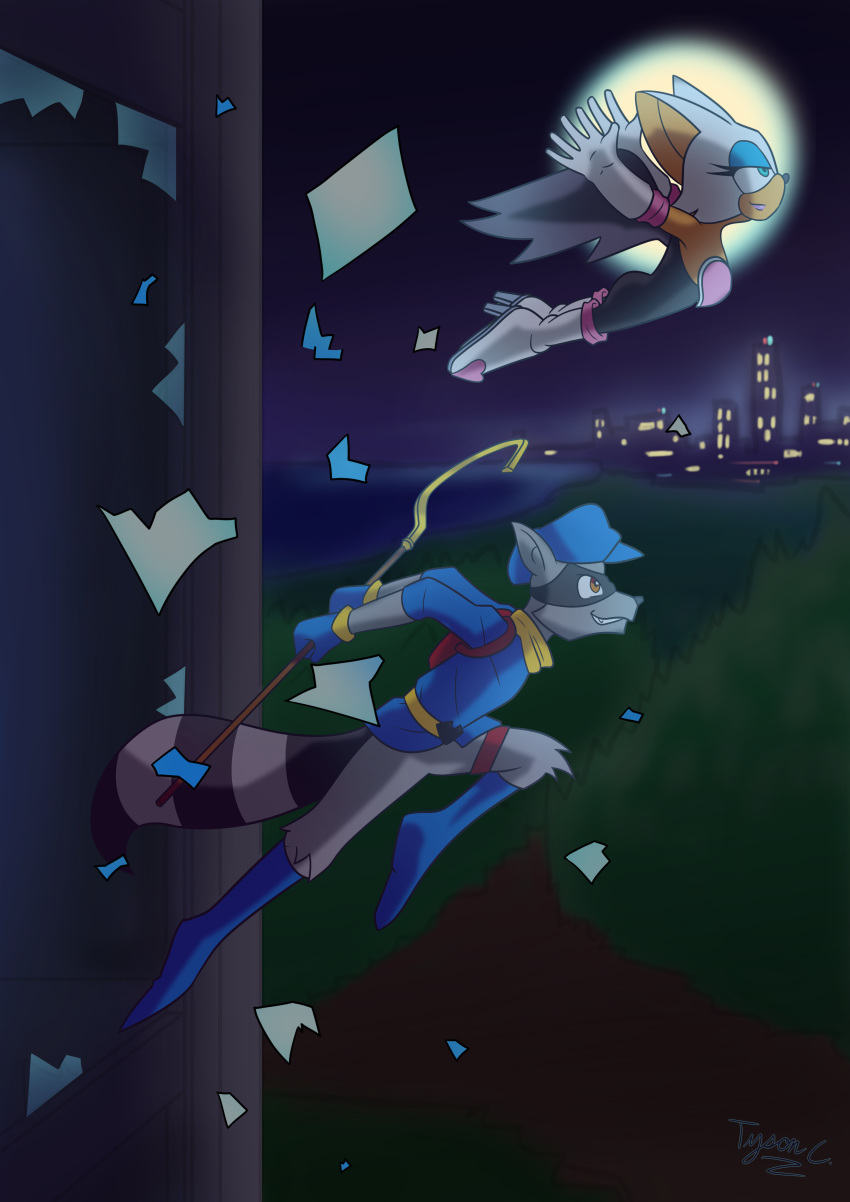 absurd_res autodefenestration bat broken_glass death_battle defenestration duo eyeshadow fur glass green_eyes grey_body grey_fur hi_res makeup mammal moon night procyonid raccoon rouge_the_bat sega sly_cooper sly_cooper_(series) sonic_the_hedgehog_(series) sony_corporation sony_interactive_entertainment staff sucker_punch_productions tyscope3 white_body white_fur window yellow_eyes