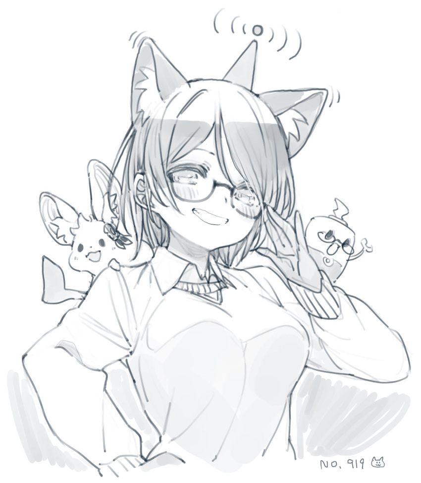 animal animal_ear_fluff animal_ears breasts female glasses greyscale highres hololive looking_at_viewer looking_down medium_breasts monochrome nosir_onadat official_alternate_costume open_mouth radio_antenna roboco-san roboco-san_(spring_sweater) robosaa_(roboco) short_hair smile solo_focus virtual_youtuber wi-fi_symbol