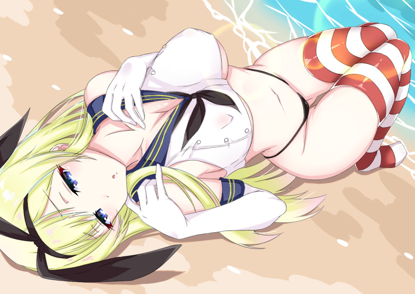 :o aged_up akh@98 alternate_breast_size bare_shoulders beach black_hairband black_neckerchief black_panties blonde_hair blue_sailor_collar breasts cleavage crop_top curvy day dutch_angle elbow_gloves female gloves gradient_hair hairband hand_on_own_chest highleg highleg_panties kantai_collection knees_up large_breasts long_hair lying multicolored_hair navel neckerchief no_pants ocean on_back outdoors panties sailor_collar shimakaze_(kancolle) shirt sleeveless sleeveless_shirt solo striped_clothes striped_thighhighs thighhighs thighs underboob underwear very_long_hair water white_gloves white_hair white_shirt