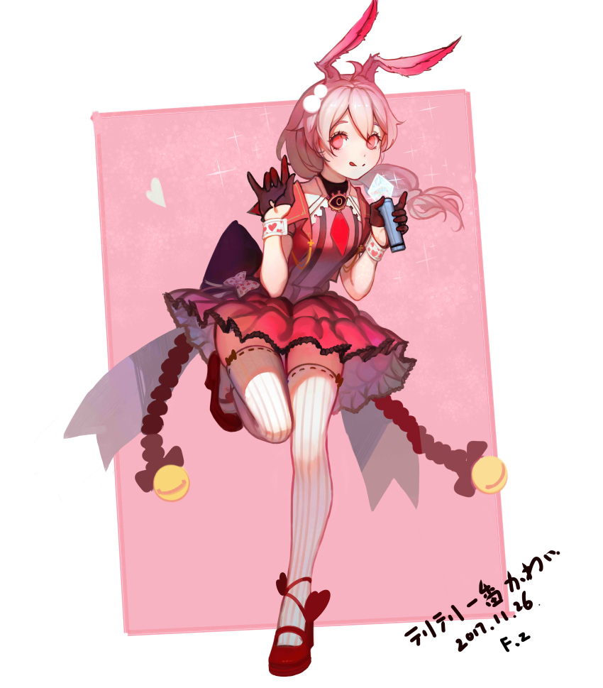 absurdres animal_ears black_gloves border closed_mouth female fox_ears full_body fz_ruoye gloves hair_between_eyes heart highres holding holding_wand honkai_(series) honkai_impact_3rd leg_up long_sleeves looking_at_viewer pink_background pink_eyes pink_footwear pink_hair pink_thighhighs short_sleeves side_ponytail solo standing standing_on_one_leg striped_clothes striped_thighhighs theresa_apocalypse theresa_apocalypse_(sakuno_rondo) thighhighs tongue tongue_out wand