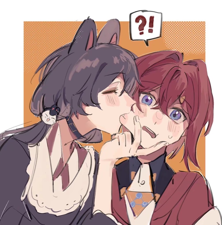 !? 2girls ange_katrina ange_katrina_(1st_costume) animal_ears biting blue_eyes blush brown_hair cheek_biting choker closed_eyes collared_shirt commentary_request hair_intakes inui_toko lingyi multiple_girls nijisanji parted_lips red_hair shirt spoken_interrobang teeth upper_teeth_only virtual_youtuber yuri