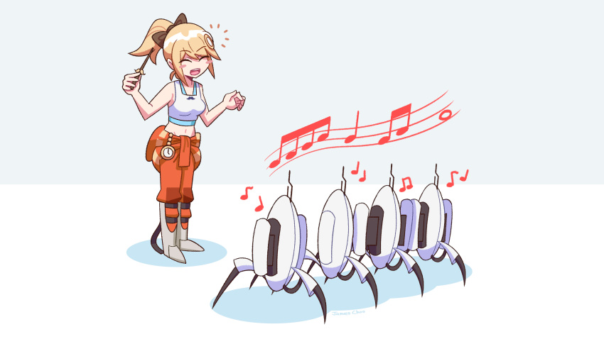 ^_^ absurdres black_bow blonde_hair blush bow chell chell_(cosplay) closed_eyes conductor_baton cosplay crossover female hairbow highres holding holding_stick hololive hololive_english james_choo musical_note navel open_mouth ponytail portal_(series) robot sentry_turret_(portal) staff_(music) stick tank_top virtual_youtuber watson_amelia white_tank_top