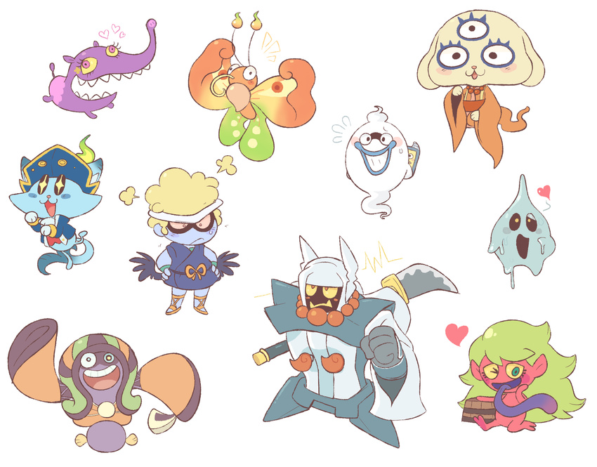 akaname_(youkai_watch) arms_behind_back baku_(creature) baku_(youkai_watch) benkei_(youkai_watch) blonde_hair blue_lips blue_skin bug butterfly colored_sclera colored_skin commentary feline full_body ghost grin hands_on_own_hips heart highres jimerinbou kflamingo matenshi_(touhou) naginata necolombus open_mouth oshisshou pink_eyes polearm satori-chan sharp_teeth simple_background smile standing tablet_pc teeth third_eye touhou touhou_(pc-98) traditional_youkai weapon whisper_(youkai_watch) white_background yellow_sclera youkai_(youkai_watch) youkai_pad youkai_watch zekkouchou_(a)