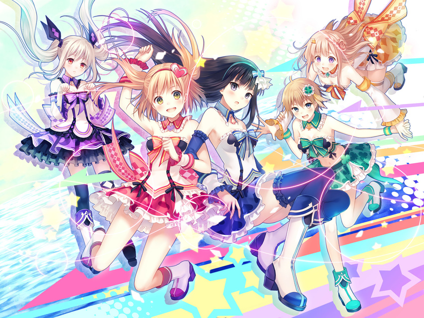 5girls aria_(omega_quintet) bare_shoulders black_hair blush boots elbow_gloves fukahire_(ruinon) gloves hair_ornament kanadeko knee_boots kyouka_(omega_quintet) long_hair looking_at_viewer midriff multiple_girls nene_(omega_quintet) omega_quintet open_mouth otoha_(omega_quintet) pleated_skirt purple_eyes red_eyes ribbon short_hair skirt smile thighhighs twintails two_side_up wide_sleeves wristband yellow_eyes zettai_ryouiki