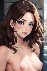  1girls ai_generated blue_eyes breasts brown_hair brunette_hair dazer exhibitionism exhibitionist freckles freckles_on_face looking_at_viewer nipples nude nude_female public_nudity smile smiling street tagme  rating:explicit score: user:dazer