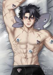  abs genshin_impact lying lying_down lying_on_back lying_on_bed male male_focus male_only muscles muscular muscular_male panditati pecs pectorals wriothesley_(genshin_impact)  rating:safe score: user:panditati_