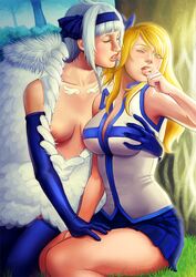 2girls angel_(fairy_tail) bangs bare_shoulders biting blonde_hair blue_elbow_gloves blue_gloves blue_long_gloves blue_skirt blue_socks blush breasts cleavage closed_eyes elbow_gloves fairy_tail feathers female female_only gloves grabbing grass hair_ribbon hatoko-sama human large_breasts long_gloves long_hair lucy_heartfilia multiple_females nature nipples open_mouth pleated_skirt realistic ribbon short_hair skirt small_breasts socks sorano_aguria source_request tattoo thigh_socks thighhighs thighs tree vest white_hair wings yuri rating:Explicit score:39 user:bot