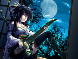 beige_skin black_hair boots breasts clothes color covered_breasts ear_piercing electric_guitar female female_only footwear guitar hair indoors instrument japanese_clothes katana long_hair looking_at_viewer moon mouth night open_eyes open_mouth piercing red_eyes round_ears samurai_girl sitting skin solo sword tree weapon rating:Questionable score:11 user:bot