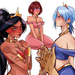 2024 3girls aladdin_(1992_disney_film) aqua_(kingdom_hearts) blush collar female harem_outfit kairi kingdom_hearts kururu418 leash leash_and_collar leashed_collar looking_at_viewer petite princess princess_jasmine questionable_consent seductive_look white_background rating:Questionable score:37 user:BrotherAntroz