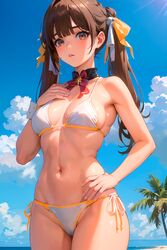  1girls ai_generated armpits beach belly belly_button bikini brown_eyes brown_hair camel_toe cameltoe chocker clouds from_below hair_ribbon hip honkai:_star_rail honkai_(series) palm_tree polege sky small_breasts standing sushang_(honkai:_star_rail) thick_thighs thighs twintails viewed_from_below waist waist_grab  rating:questionable score: user:polege