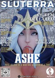  1boy 1boy1girl 1girls 3d :>= artist_logo artist_name ashe_(league_of_legends) blowjob blowjob_face blowjob_only blue_eyes caption cum cum_drip cum_in_mouth cum_on_penis defeat defeated defeated_heroine eyes_rolling_back fellatio female forced forced_oral hood hooded_cloak league_of_legends league_of_legends:_wild_rift magazine_cover nymph-o outdoor_sex outdoors outside outside_sex overflow rape riot_games secretly_loves_it white_hair white_skin  rating:explicit score: user:bot