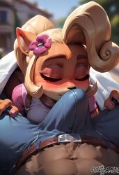  1boy1girl ai_generated ashleybarkz blonde_hair closed_eyes coco_bandicoot crash_(series) crotch_sniffing erection furry hi_res outdoors painted_nails sniffing sniffing_penis under_covers unseen_male_face  rating:explicit score: user:bot