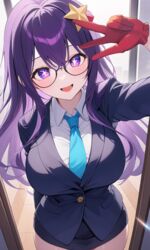  ai_generated aiart_anim big_breasts breasts glasses hair_ornament hoshino_ai office_clothing office_lady oshi_no_ko peace_sign pixai purple_eyes purple_hair smile stars_in_eyes tagme  rating:explicit score: user:aiart_anim