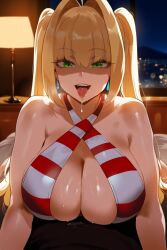  1boy 1girls ai_generated big_breasts blonde_hair blush breasts busty curvy fate/grand_order fate_(series) female green_eyes huge_breasts large_breasts male nero_claudius_(fate) nero_claudius_(swimsuit_caster) nonetheless tongue_out twintails voluptuous  rating:explicit score: user:bot