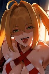  1boy 1girls ai_generated big_breasts blonde_hair blush breasts busty curvy fate/grand_order fate_(series) female green_eyes huge_breasts large_breasts male nero_claudius_(fate) nero_claudius_(swimsuit_caster) nonetheless tongue_out twintails voluptuous  rating:explicit score: user:bot