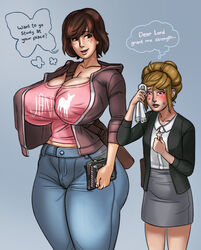 2girls ? alternate_breast_size between_breasts big_breasts blue_background blush breasts brown_hair cleavage clothed cross_necklace dialogue english_text female female_only flustered freckles gradient_background hard-degenerate height_difference highres hourglass_figure huge_breasts human humor jacket jeans kate_marsh larger_female life_is_strange max_caulfield messenger_bag multiple_girls necklace nervous nervous_sweat nipple_bulge perky_breasts praying size_difference skirt smaller_female speech_bubble strap_between_breasts sweat sweating sweating_profusely text thick_thighs thought_bubble voluptuous wide_hips wiping_forehead wiping_sweat yuri rating:Explicit score:518 user:SolemnTagger