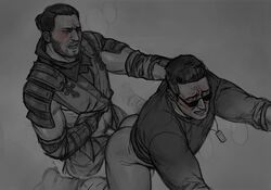  anal_sex ass black_and_white blush daddy daddy_anus dilf dog_tags facial_hair gay gay_sex happy_trail johnny_cage male_focus male_only man_bun moaning mortal_kombat mortal_kombat_11 pantsless pencilbrusch pink_cheeks scorpion_(mortal_kombat) sunglasses sweating thighs  rating:explicit score: user:sinistorm101