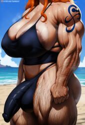 ai_generated areola areola_slip areolae areolae_slip arm_hair armpit_hair beach body_hair breasts bulge covered_nipples dark_nipples futa_only futanari gloopai hairy hairy_arms hairy_legs head_out_of_frame huge_breasts huge_nipples large_areolae large_bulge leg_hair muscular muscular_futanari nai_diffusion nami nipple_bulge nipples_visible_through_clothing one_piece orange_hair penis penis_bulge pubic_hair stain standing sweat sweatdrop sweating tan_body tan_skin tanline tanned tanned_skin testicles rating:Explicit score:11 user:dontlao3