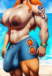 ai_generated areola areolae arm_hair armpit_hair beach body_hair breasts bulge dark_nipples futa_only futanari gloopai hairy hairy_arms hairy_legs head_out_of_frame huge_breasts huge_nipples large_areolae large_bulge leg_hair muscular muscular_futanari nai_diffusion nami nipple_piercing one_piece orange_hair penis penis_bulge pierced_nipples piercing pubic_hair stain standing sweat sweatdrop sweating tan_body tan_skin tanline tanned tanned_skin testicles rating:Explicit score:8 user:dontlao3