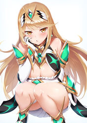 1girls absurdres bare_shoulders blonde_hair blush breasts bright_pupils cleavage commentary_request dress elbow_gloves eyebrows_visible_through_hair feet_out_of_frame female gloves hand_on_own_cheek headpiece highres hikari_(xenoblade_2) large_breasts long_hair looking_at_viewer m-da_s-tarou mythra nintendo parted_lips pleated_dress seiza sitting solo squatting white_dress white_gloves xenoblade_(series) xenoblade_chronicles_2 yellow_eyes rating:Safe score:97 user:FLBPfan