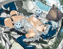 1girls angel_(fairy_tail) bangs blue_elbow_gloves blue_long_gloves blunt_bangs breasts cleavage elbow_gloves fairy_tail feathers female gemini_(fairy_tail) gloves hairband large_breasts long_gloves lying navel no_panties nyami-p on_back pussy red_eyes sorano_aguria thighhighs torn_clothes uncensored vagina white_hair rating:Explicit score:43 user:bot