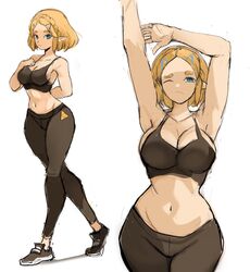 1girls blonde_hair breasts female green_eyes large_breasts light-skinned_female light_skin nintendo pointy_ears princess_zelda rakeemspoon short_hair sports_bra sportswear tears_of_the_kingdom the_legend_of_zelda thick_thighs tight_clothing yoga_pants zelda_(tears_of_the_kingdom) rating:Questionable score:343 user:Aeolus_HX