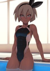 1girls abs alternate_outfit armpits bea_(pokemon) dark-skinned_female dark_skin headband human_only looking_at_viewer muscular muscular_female nintendo one-piece_swimsuit pokemon pokemon_ss putcher school_swimsuit solo swimsuit thick_thighs white_hair wide_hips rating:Questionable score:203 user:MegaMoo