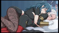 2girls blue_hair blush byleth_(fire_emblem) byleth_(fire_emblem)_(female) cuddling cute edelgard_von_hresvelg female female_only female_protagonist fire_emblem fire_emblem:_three_houses flustered fully_clothed large_breasts long_hair mikoyan nintendo sleeping spooning sweat teacher teacher_and_student thighhighs white_hair wholesome yuri rating:Safe score:669 user:MegaMoo