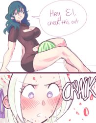 2girls 2koma bare_legs blue_eyes blush breaking_watermelon_with_thighs breasts byleth_(fire_emblem) byleth_(fire_emblem)_(female) cleavage cleavage_cutout edelgard_von_hresvelg english_text female female_only female_protagonist fire_emblem fire_emblem:_three_houses flustered looking_at_viewer medium_breasts melon muscular_female muscular_thighs nintendo purple_eyes shocked smile sound_effects sweat teal_hair text thick_thighs thighs watermelon watermelon_crushing white_hair yuri yurifucker rating:Safe score:173 user:kris923