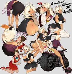 2girls apollo_justice ass blonde_hair blush brown_hair censored cleavage cranneo dark-skinned_female dark_skin earrings female female_only gyakuten_saiban height_difference hoop_earrings klapollo klavier_gavin large_breasts maid maid_uniform nonude ring rule_63 thumb_ring waitress rating:Questionable score:142 user:MegaMoo