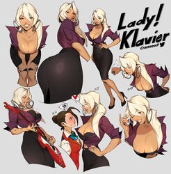 2girls adapted_costume alternate_costume apollo_justice artist_name ass big_ass big_breasts big_butt black_bra blonde_hair blouse blue_eyes blush boing bra bra_peek breasts brown_eyes brown_hair character_name cleavage cleavage_overflow color cranneo dat_ass duo earrings english english_text eye_contact eyebrows_visible_through_hair eyes eyes_visible_through_hair female female_only full_cleavage genderswap_(mtf) grey_background grin guitar gyakuten_saiban hair_between_eyes heart heels height_difference highres hoop_earrings instrument jewelry klapollo klavier_gavin large_breasts legwear light-skinned_female light_skin lips lipstick long_hair long_nails looking_at_another looking_at_viewer multiple_girls navel nose one_eye_closed one_eye_open painted_nails pencil_skirt playing_instrument purple_nails purple_skirt ring rule_63 short_hair sidelocks skirt smile sparkle spoken_heart spoken_squiggle squiggle sweat tanned text text_bubble thumb_ring tight_clothing twitter_username yuri rating:Questionable score:206 user:TwinDrive