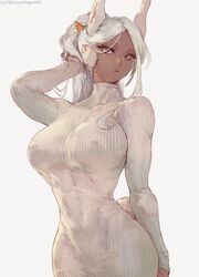 1girls absurd_res artist_name athletic athletic_female breasts bunny_ears bunny_girl clothing cutesexyrobutts dark-skinned_female dark_skin dress female female_only hair_ornament hi_res hourglass_figure kemonomimi large_breasts looking_at_viewer miruko my_hero_academia nipple_bulge nipple_piercing ponytail purple_eyes rumi_usagiyama shounen_jump signature solo tight_clothing toned_female turtleneck white_background white_hair rating:Explicit score:834 user:WatchTheLanguage