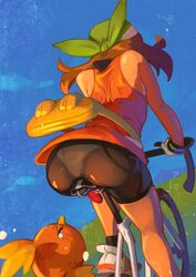 1girls 2021 ass ass_focus bag bandana bicycle bike bike_shorts black_legwear blue_sky brown_hair facing_forward female female_focus female_only grass green_bandana hi_res khyleri large_ass may_(pokemon) may_(pokemon_emerald) medium_hair nintendo orange_topwear outdoors panties panties_visible_through_clothing pokemon pokemon_(species) pokemon_rse see-through see-through_clothing thick_thighs thighs torchic white_panties white_shoes rating:Questionable score:480 user:Cero_Oscuras