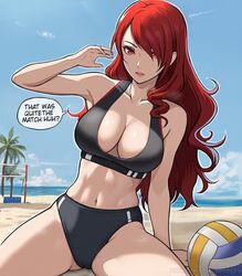 1girls atlus breasts cleavage dialogue english_text female female_only hair_over_one_eye large_breasts lepypepy light-skinned_female long_hair long_red_hair mitsuru_kirijo outdoors persona persona_3 red_eyes red_hair red_hair_over_one_eye sportswear text thighs volleyball_uniform rating:Questionable score:222 user:Aeolus_HX