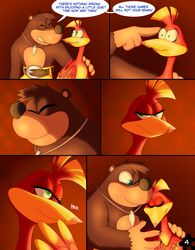 2021 absurd_res anthro avian banjo-kazooie banjo_(banjo-kazooie) belt bird black_nose blue_eyes bottomwear breegull brown_body brown_fur closed_eyes clothed clothing comic cuddling dialogue digital_media_(artwork) duo english_text eyelashes feathers female firelight fur giggle green_eyes hand_on_shoulder head_tuft hi_res jewelry kazooie looking_at_another male male/female mammal necklace one_eye_closed page_4 page_number pants rareware red_body red_feathers sitting skeletonguys-and-ragdolls speech_bubble text topless topless_male tuft ursid video_games wholesome yellow_body yellow_bottomwear yellow_clothing yellow_feathers yellow_pants rating:Safe score:10 user:olscli16