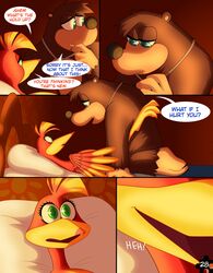 2021 absurd_res anthro avian banjo-kazooie banjo_(banjo-kazooie) bed bird black_nose blue_eyes breegull brown_body brown_fur candlelight comic dialogue digital_media_(artwork) duo english_text eye_contact eyelashes feathers female fur furniture giggle green_eyes head_tuft hi_res jewelry kazooie kneeling legs_up looking_at_another looking_at_partner lying male male/female mammal necklace nervous nude on_back on_bed page_28 page_number rareware red_body red_feathers skeletonguys-and-ragdolls speech_bubble text tuft ursid video_games worried yellow_body yellow_feathers rating:Explicit score:8 user:olscli16