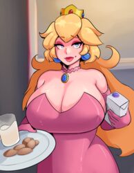 alternate_costume big_breasts blonde_hair blue_eyes breasts iced_latte_with_breast_milk lipstick looking_at_viewer makeup mario_(series) meme milk milk_bottle nintendo nunsafeforwork princess_peach smirk rating:Questionable score:323 user:NunSFW