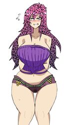 1girls blush booty_shorts diavolo doppios_sweater green_eyes jojo's_bizarre_adventure looking_pleasured mannungei pink_hair pussy_juice rule_63 smile solo sweat sweater tagme vento_aureo white_background wide_hips rating:Explicit score:98 user:DickGuy8719