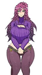 1girls blush boob_window diavolo doppios_sweater green_eyes jojo's_bizarre_adventure looking_at_viewer mannungei pink_hair rule_63 smile solo sweater tagme vento_aureo white_background wide_hips rating:Explicit score:87 user:DickGuy8719