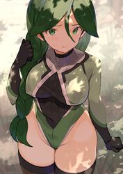 1girls bangs big_breasts braid braided_hair breasts cheryl_(pokemon) clothing covered_navel curvaceous curvy curvy_figure erect_nipples erect_nipples_under_clothes eye_contact female female_only green_eyes green_hair hair_between_eyes hi_res high_resolution highleg highleg_leotard highres huge_breasts human large_breasts legwear leotard light-skinned_female light_skin looking_at_viewer nintendo pale_skin pokemon pokemon_dppt spring2013 thick_thighs thighs thin_waist wide_hips rating:Questionable score:239 user:OtakuFap