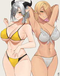 2girls armpits arms_behind_head bangs bare_arms bare_legs bare_midriff bare_shoulders bare_thighs belly_button belly_piercing bikini blonde_hair dark-skinned_female dark_skin ear_piercing elf elf_ears elf_female feathered_wings feathers front-tie_bikini golden_eyes grey_hair gyaru hair_between_eyes hair_over_one_eye hand_on_hip hands_behind_head horn horns large_breasts lilycious long_hair looking_down nipple_bulge pink_hair pointed_ears pointy_ears short_hair sideboob smile tagme tan_skin toned toned_body toned_female two_tone_hair underboob white_background white_bikini yellow_bikini rating:Questionable score:160 user:CalZone