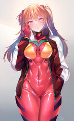 1girls absurdres asuka_langley_sohryu bodysuit bodysuit_and_jacket bodysuit_under_clothes breasts clothing covered_navel curvy hairpods hands_in_pockets highres interface_headset jacket long_hair long_sleeves medium_breasts multicolored_bodysuit multicolored_clothes neon_genesis_evangelion open_clothes open_jacket orange_bodysuit orange_hair pilot_suit plugsuit purple_eyes red_bodysuit red_jacket shiny shiny_clothes shiny_hair silly_(marinkomoe) solo standing track_jacket twintails two_side_up rating:Questionable score:136 user:FilthyHank69