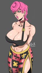 1girls belly belly_button big_breasts bra choker clothing dorkbum female female_only green_eyes grey_background jojo's_bizarre_adventure lipstick paizuri_invitation pink_hair shoulders shy simple_background solo thick_thighs trish_una vento_aureo rating:Explicit score:369 user:Marioskat