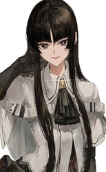  :d absurdres arknights ascot black_ascot black_eyes black_gloves black_hair commentary_request female gloves hand_up highres kajuu long_hair looking_at_viewer open_mouth shirt smile solo upper_body very_long_hair virtuosa_(arknights) white_shirt  rating:questionable score: user:bot