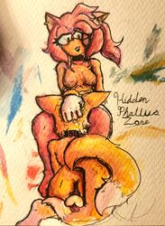  amy_rose balls bedroom_eyes chastity_cage chastity_device cunnilingus femdom fur furry gradient_hair hand_on_head hiddenphallice_(artist) hiddenphalluszone kitsune kneeling malesub painting_(artwork) penis signature sonic_(series) straight tail tails tails_the_fox traditional_media_(artwork) watercolor_(artwork)  rating:explicit score: user:hiddenphallice