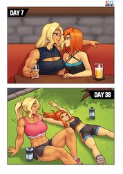 2girls beverly_(nortuet) big_breasts blonde_hair blue_eyes breasts cleavage closed_eyes clothed clothing comic couple english_text female_focus female_only green_eyes hi_res long_hair muscular muscular_female navel nortuet nortuet_universe on_back original red_hair revealing_clothes simple_background small_breasts smile sweat tara_(nortuet) text watermark yuri rating:Safe score:72 user:Sunset_Love