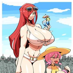 2girls beach bikini egret emotionless glasses_on_head holding_cup huge_breasts ice_cream light-skinned_female long_hair mannungei multiple_boys parasoul pink_hair red_hair skullgirls slim_waist sticking_out_tongue sun_hat umbrella_(skullgirls) rating:Questionable score:169 user:Curb3